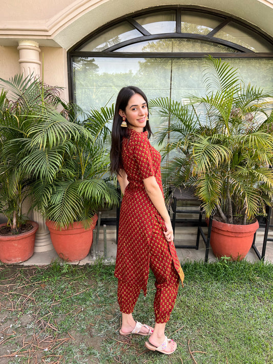 RED  KURTI SET WITH CONTRASTING YELLOW BAGH HAND BLOCK PRINT