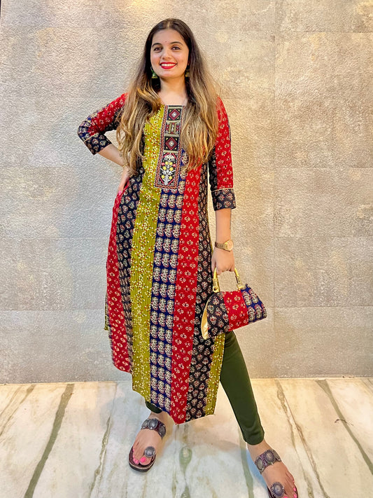 Red Green Black Vertical Print Cotton Kurti