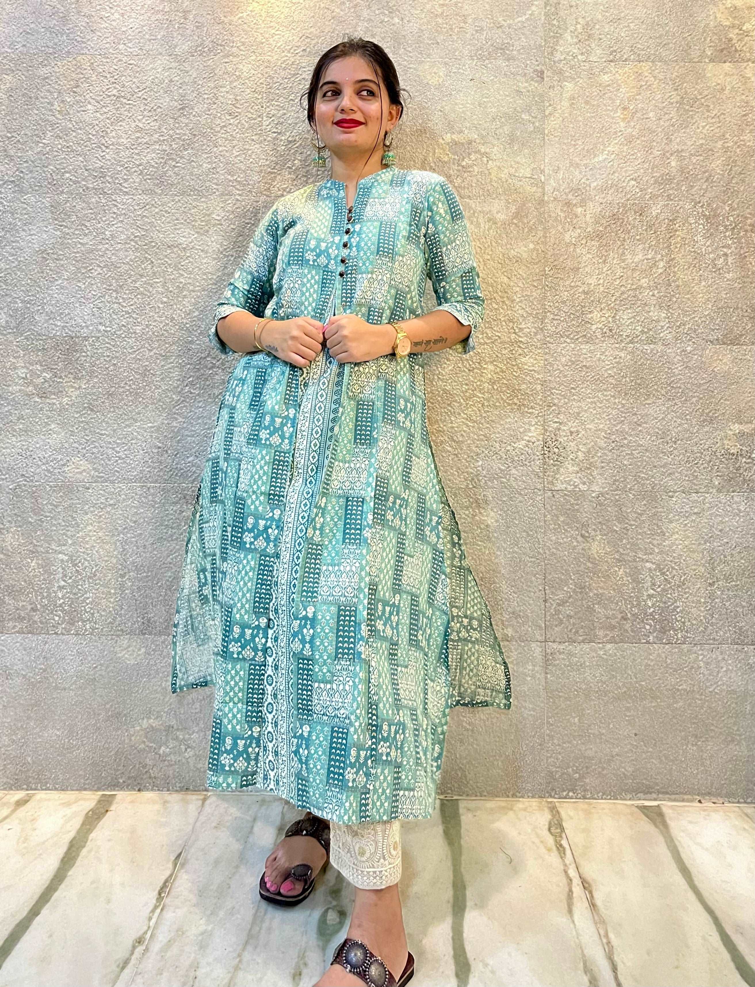 Blue With White Details Printed Cotton Kurti