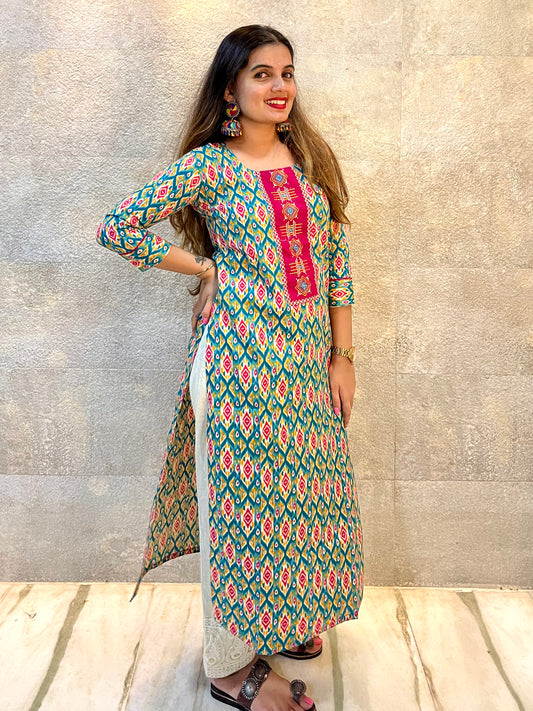 Green With Red Details Cotton Kurti