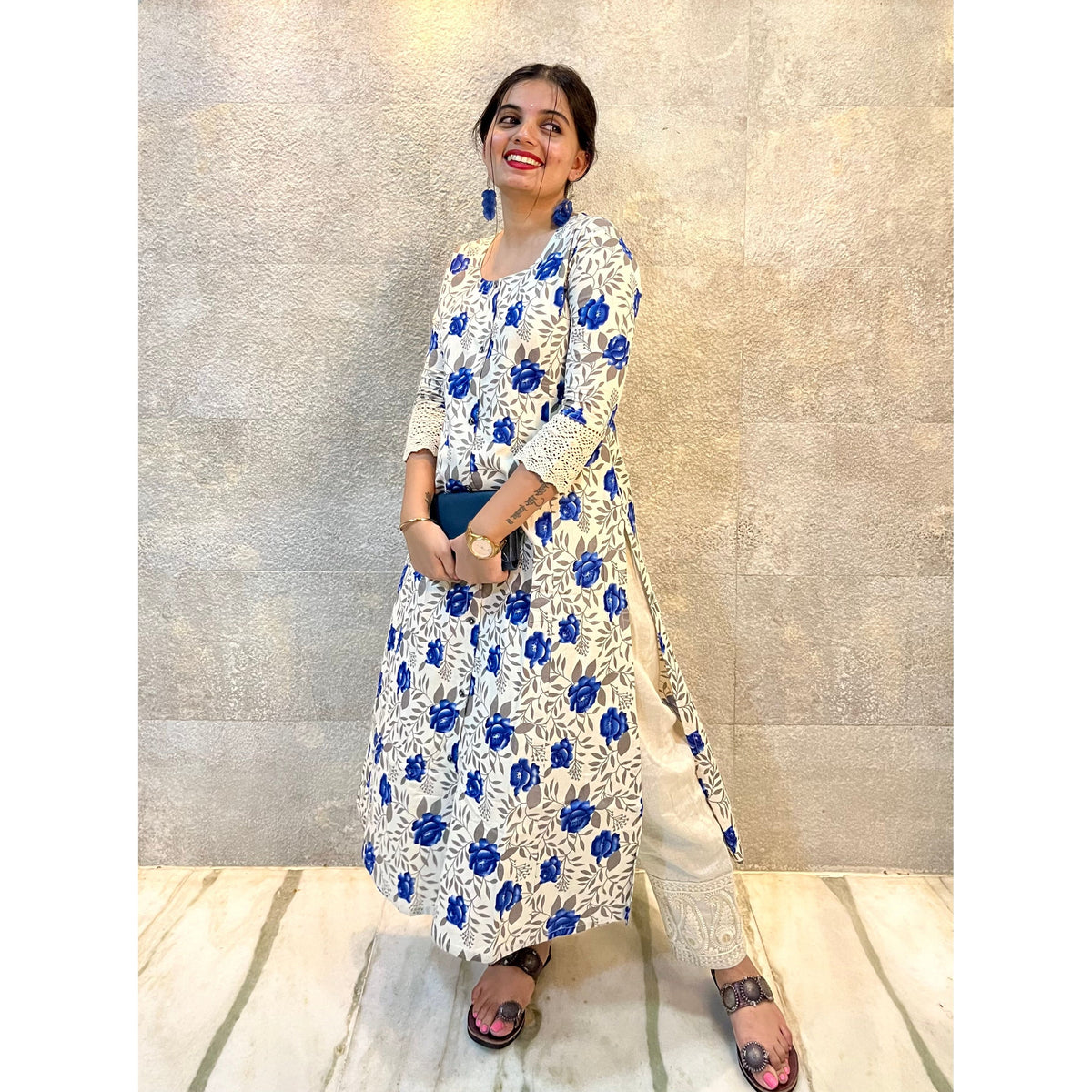 Off White with Blue Floral Details Printed Cotton Kurti