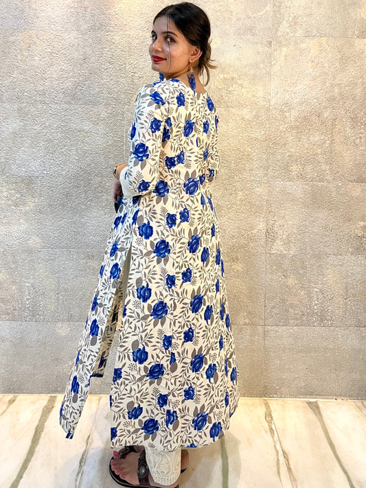 Off White with Blue Floral Details Printed Cotton Kurti