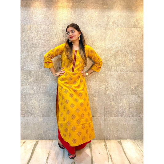 Yellow With Red Details Cotton Kurti