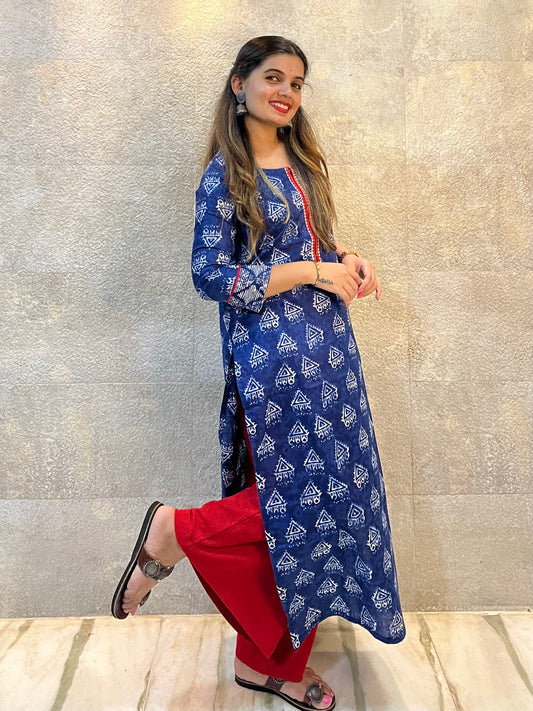 Blue with Red Details Printed Cotton Kurti