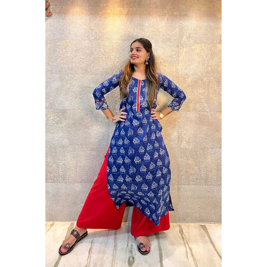 Blue with Red Details Printed Cotton Kurti