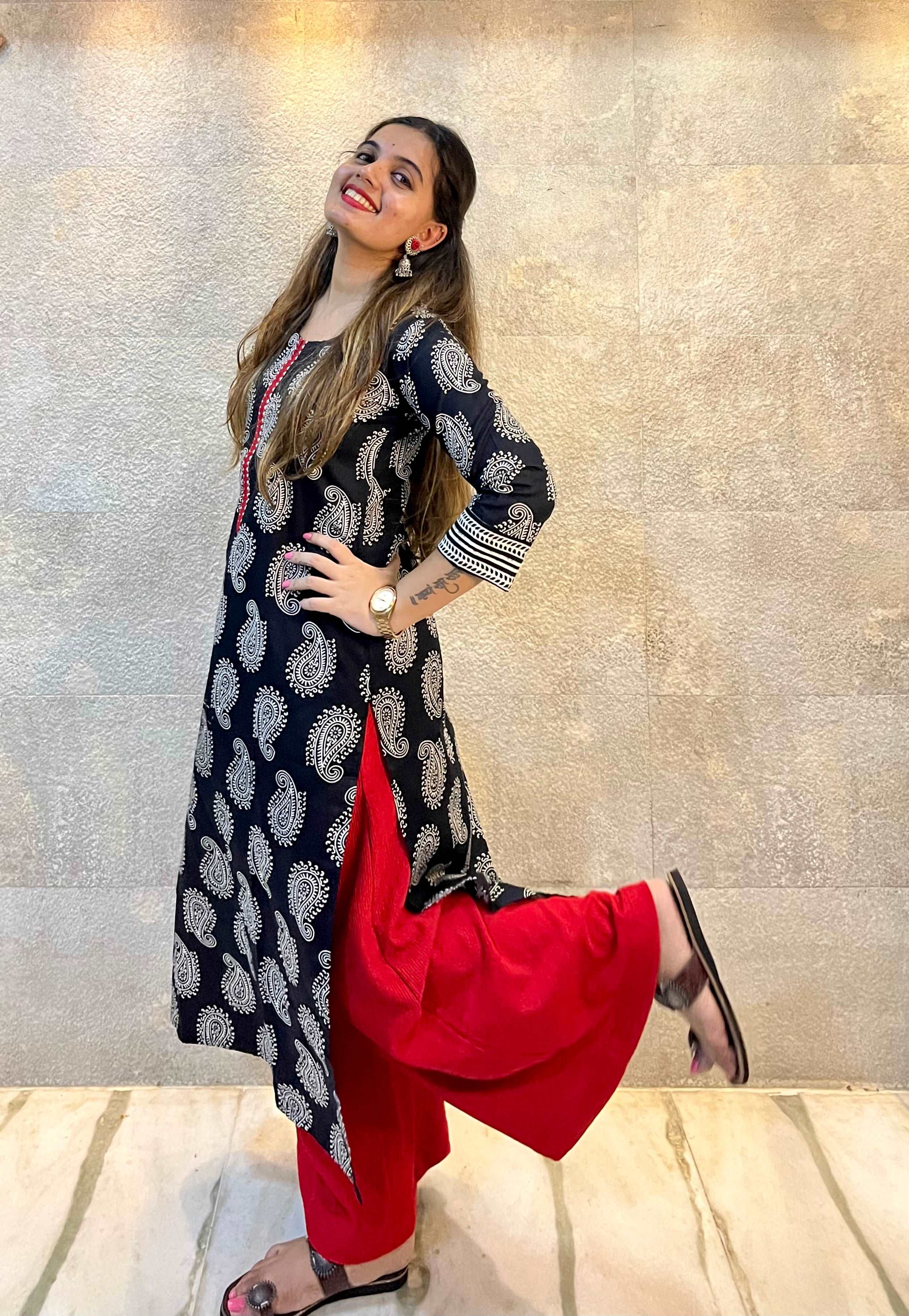 Black and White Paisley with Red Details Cotton Kurti