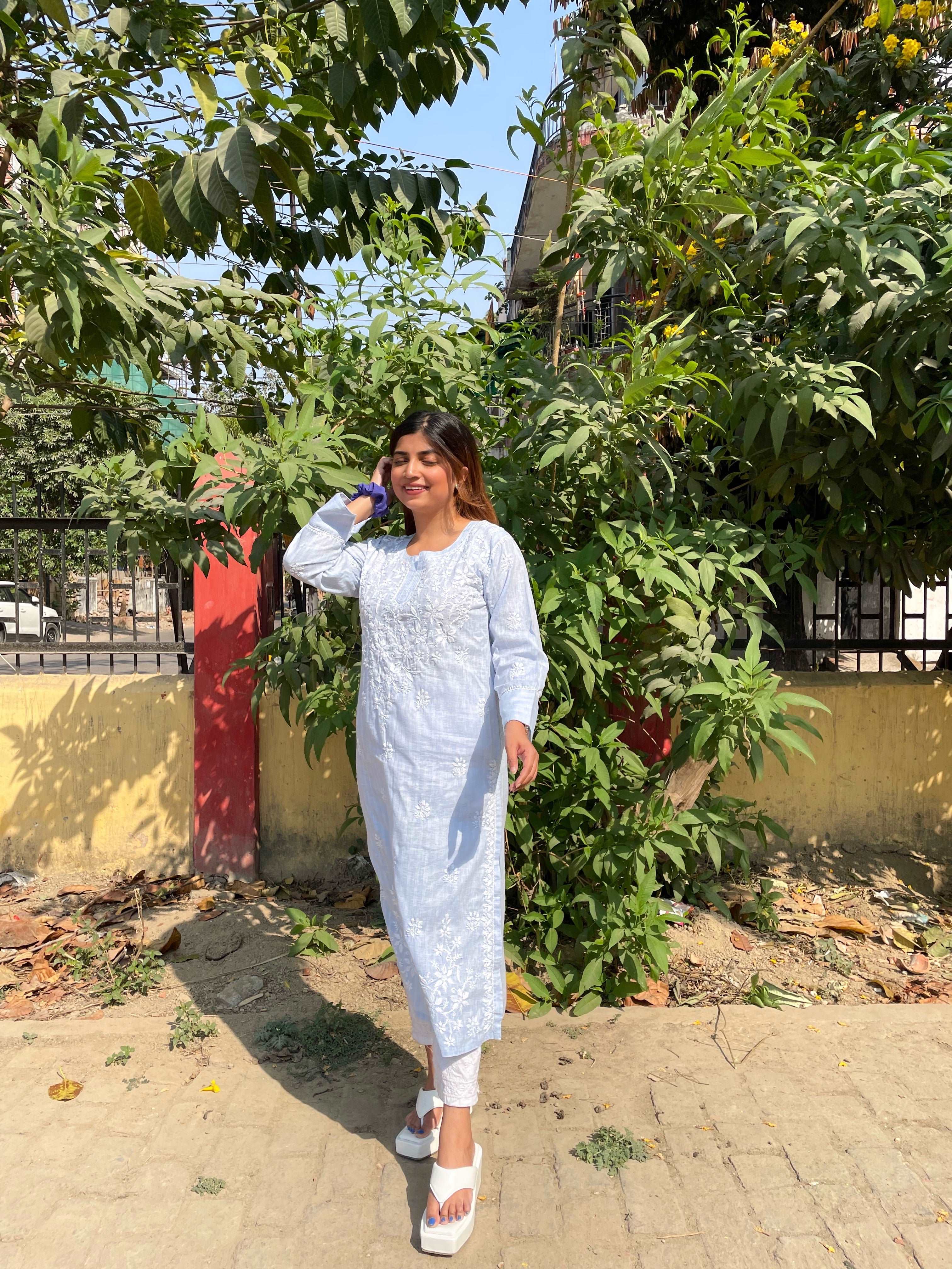 Blue Cotton Chikankari Kurti