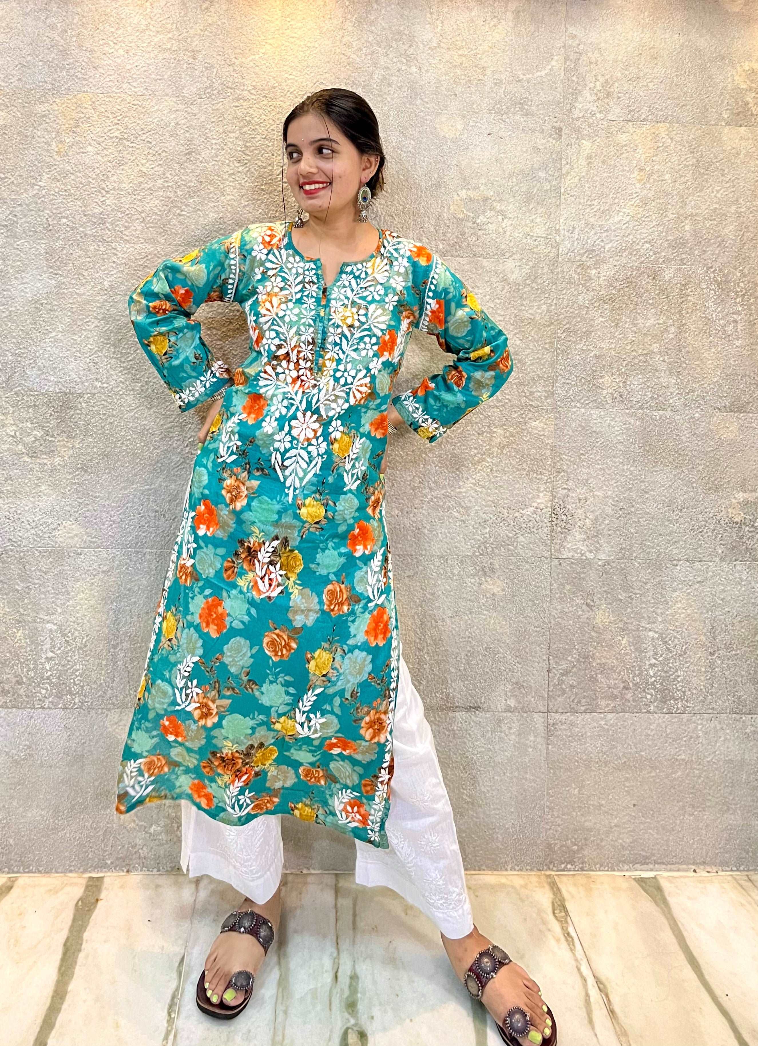 Flowery Light Green Cotton Kurti with White Chikankari Embroidery