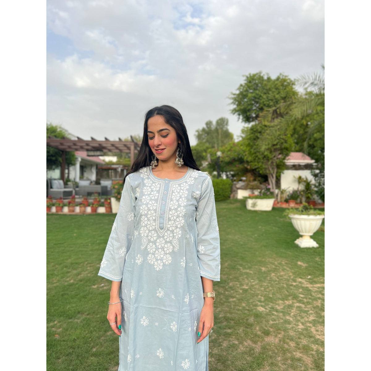 Grey Cotton Chikankari Kurta