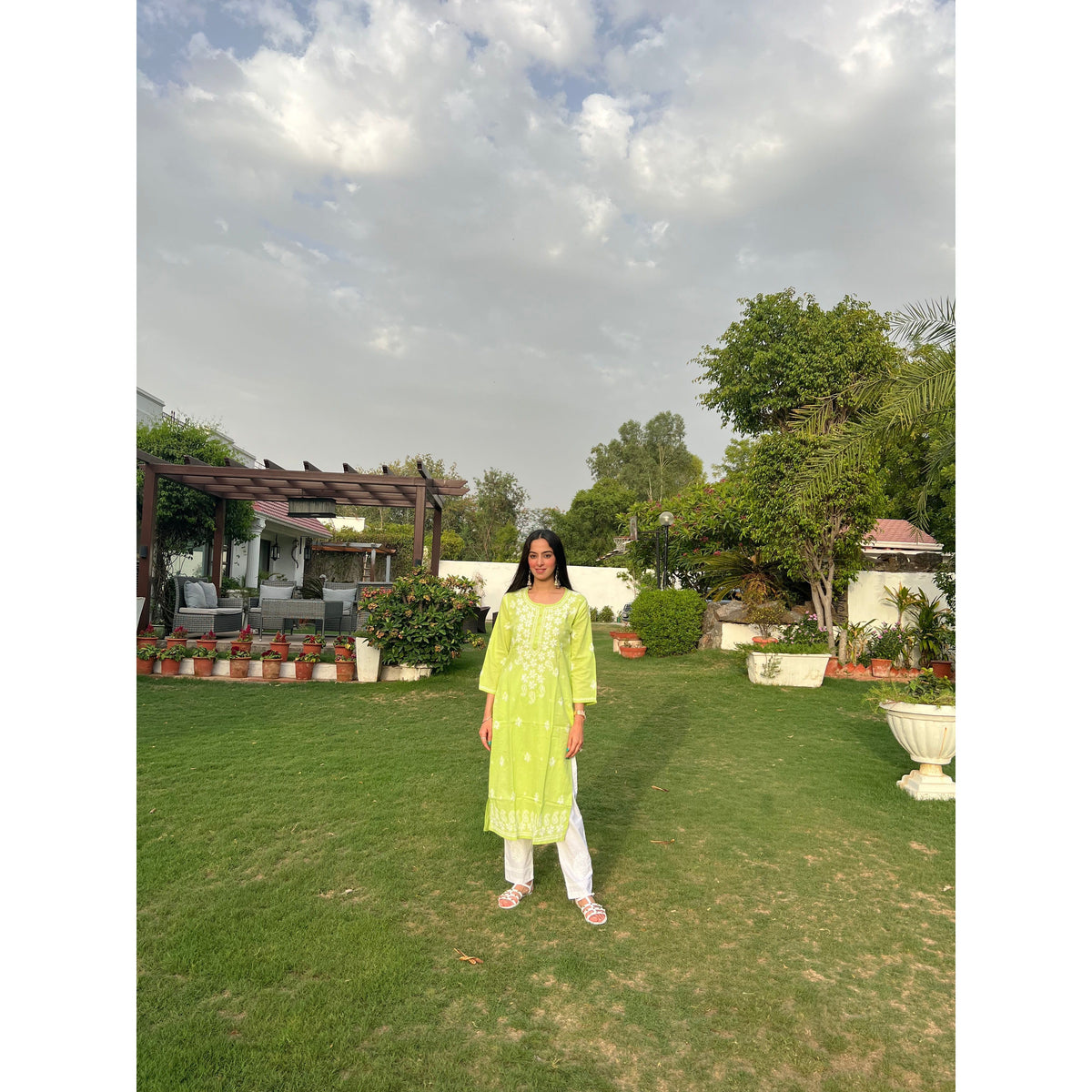 Parrot Green Cotton Chikankari Kurta