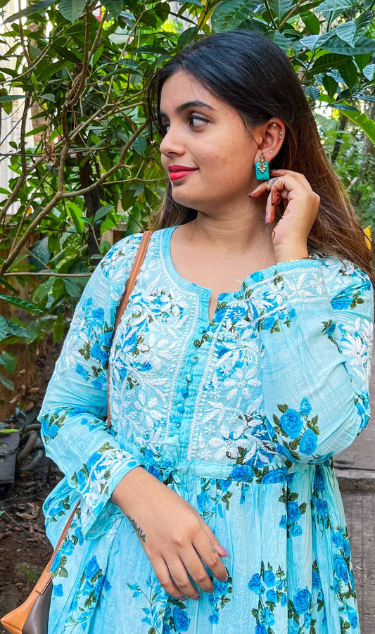 Blue Floral Short Kurti With Chikankari Work