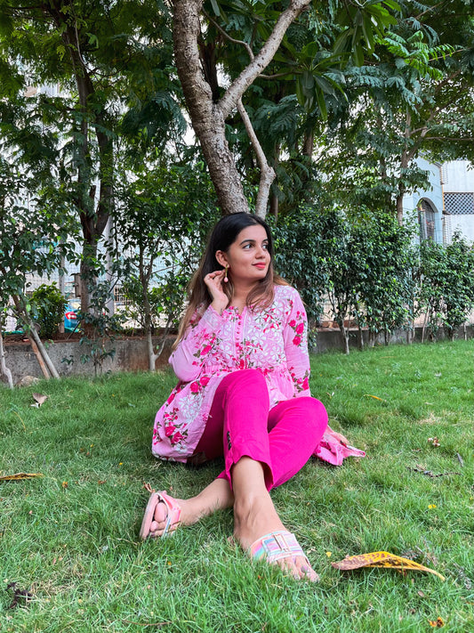 Pink Floral Short Kurti With Chikankari Work