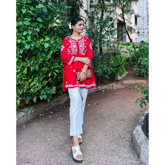 Red Cotton Chikankari Kurti