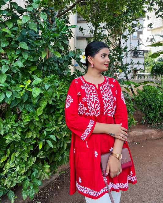 Red Cotton Chikankari Kurti