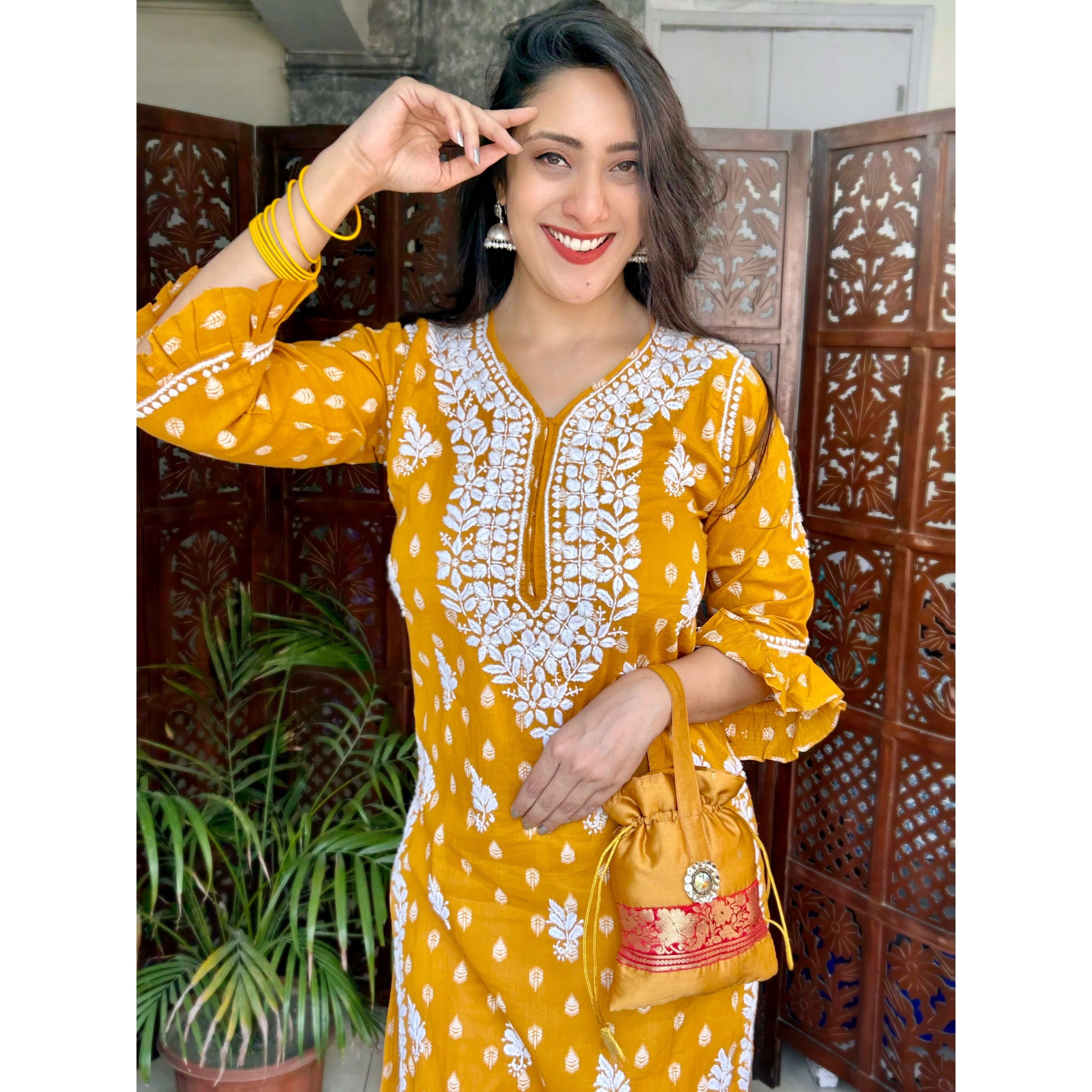 Women's Cotton Blend Nayra Cut Printed Yellow Kurti Pant With Dupatta Set