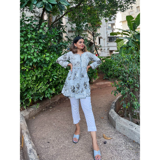 Grey Floral Short Kurti With Chikankari Work