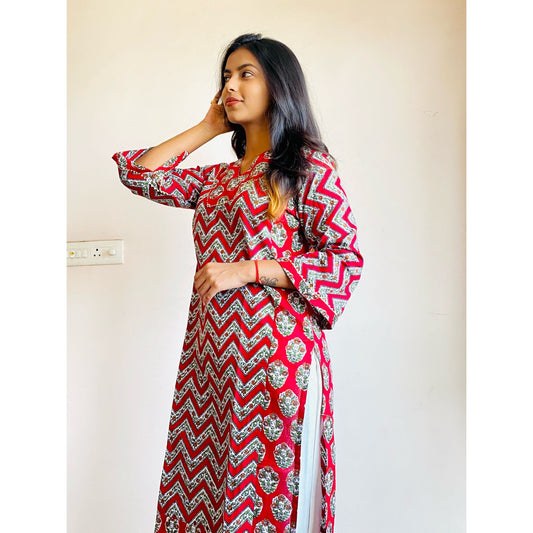 Sangria Red Traverse Sanganeri Hand Print Kurti