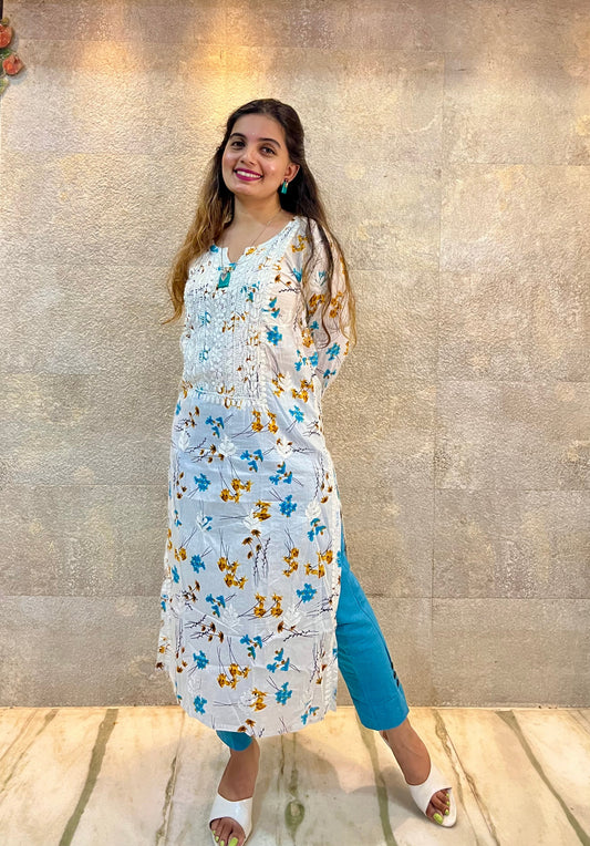 White Mulmul Cotton Chikankari Kurti with Blue Florals