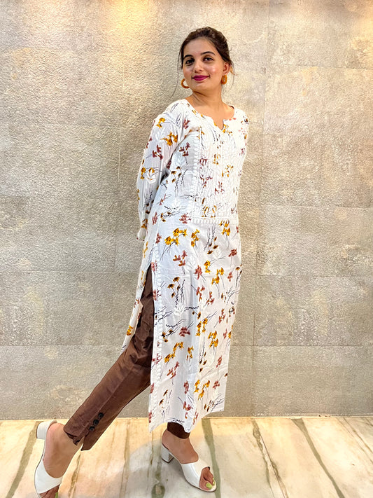 White Mulmul Cotton Chikankari Kurti with Brown Florals