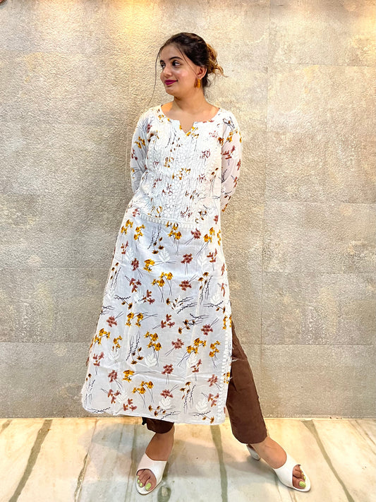 White Mulmul Cotton Chikankari Kurti with Brown Florals