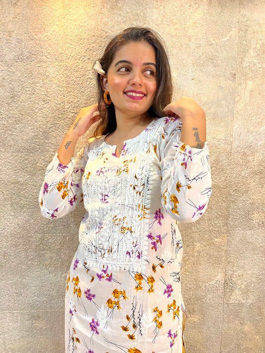 White Mulmul Cotton Chikankari Kurti with Purple Florals