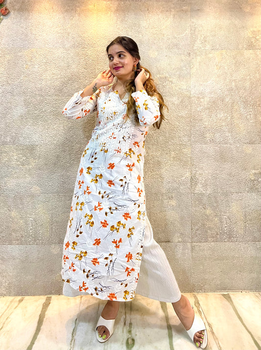 White Mulmul Cotton Chikankari Kurti with Orange Florals