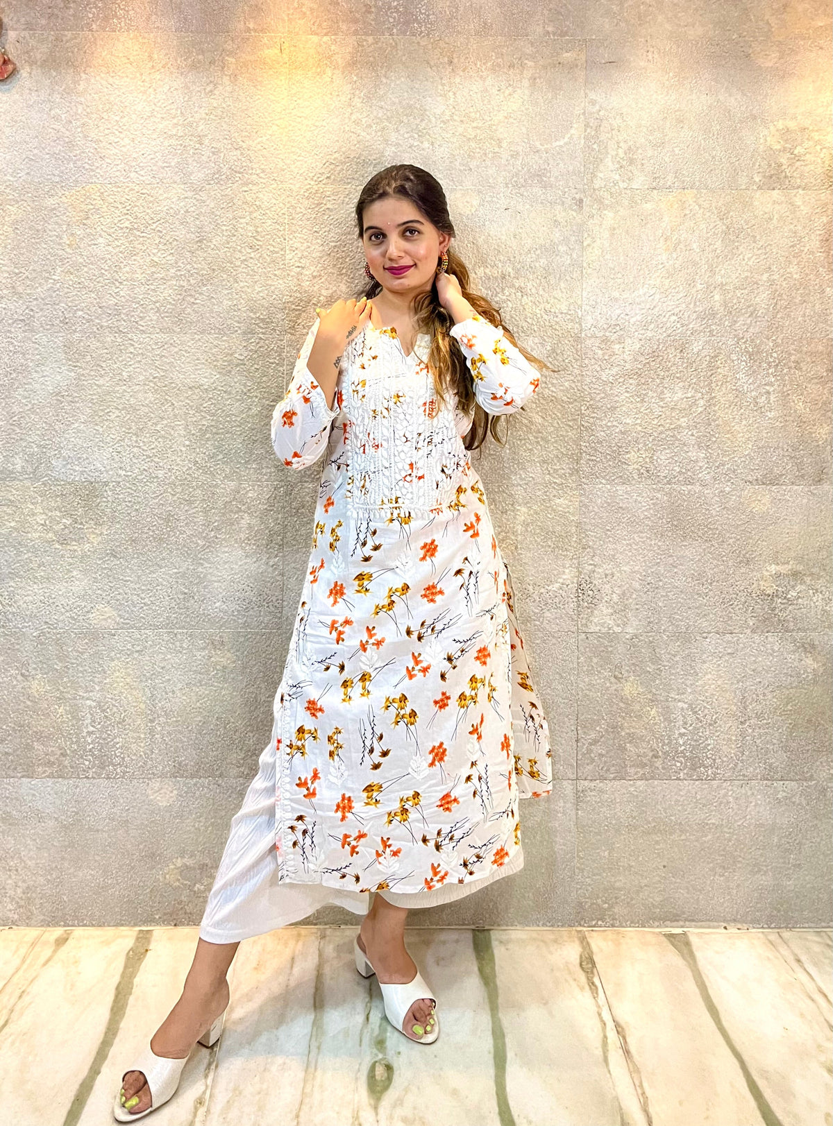 White Mulmul Cotton Chikankari Kurti with Orange Florals