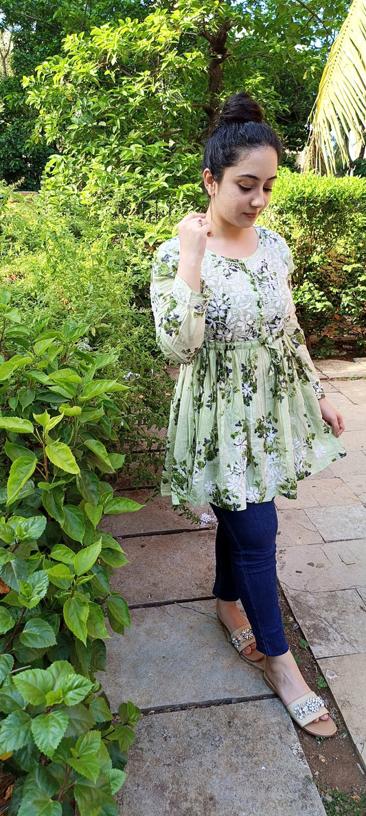 Green Floral Short Kurti With Chikankari Work