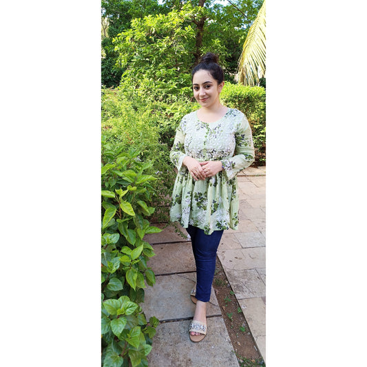 Green Floral Short Kurti With Chikankari Work