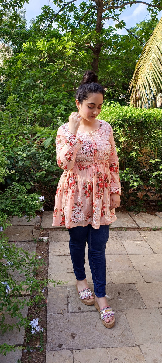 Orange Floral Short Kurti With Chikankari Work