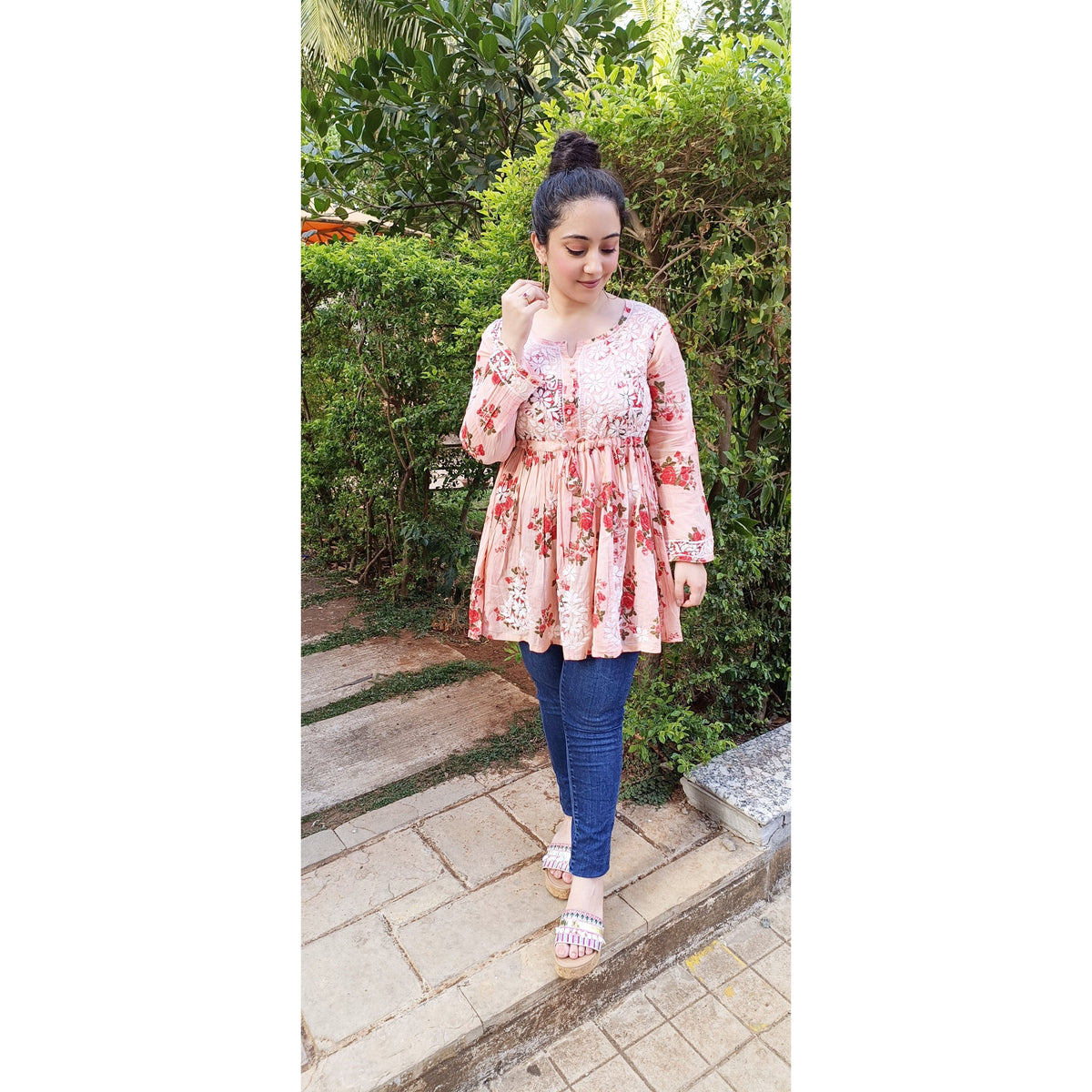 Orange Floral Short Kurti With Chikankari Work