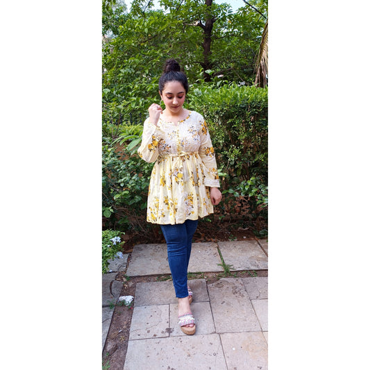 Yellow Floral Short Kurti With Chikankari Work