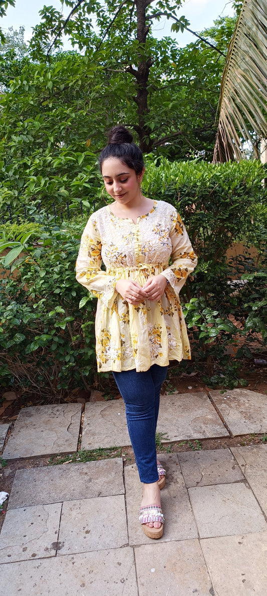 Yellow Floral Short Kurti With Chikankari Work