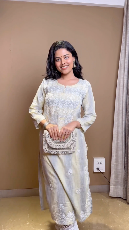 Yellow with Grey Chikankari Kurti