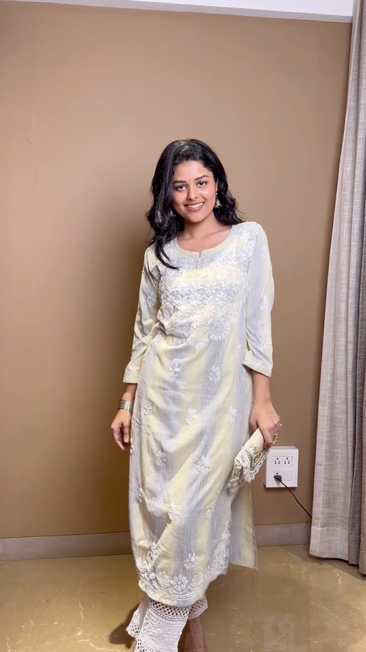 Yellow with Grey Chikankari Kurti