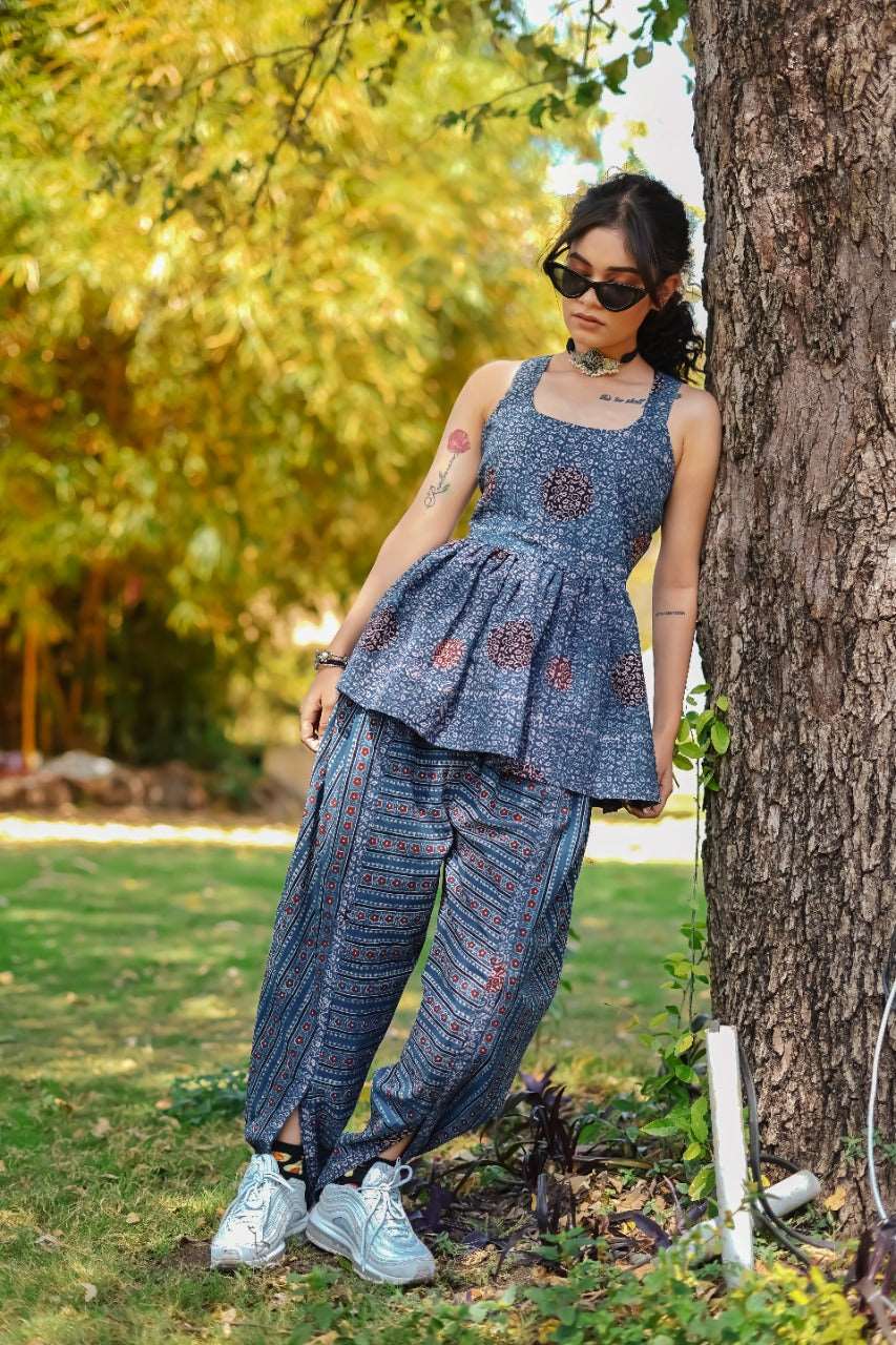 Ajrakh Hand Block-Printed baby-blue Handloom Top and Dhoti Pant SetThe VasilikiAjrakhKurta Setnike