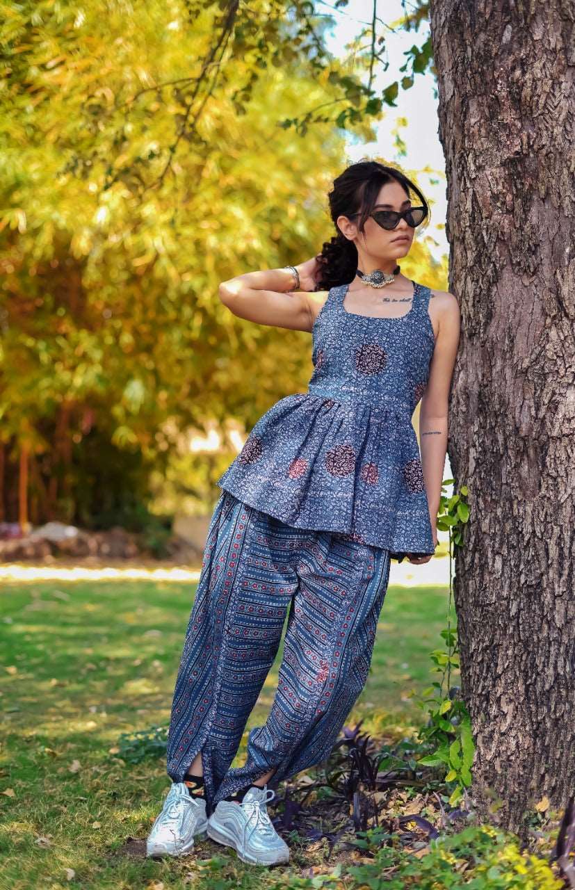 Ajrakh Hand Block-Printed baby-blue Handloom Top and Dhoti Pant SetThe VasilikiAjrakhKurta Setnike