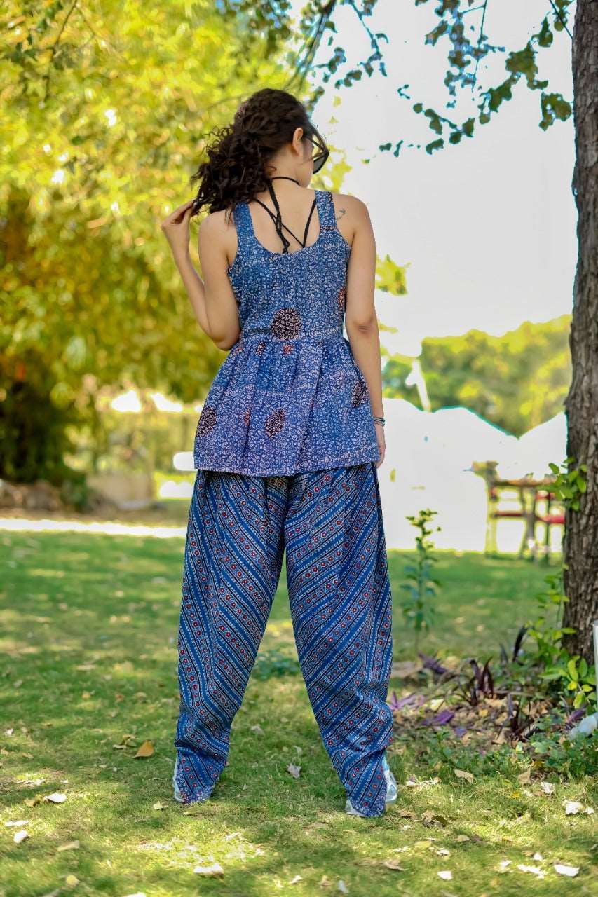 Ajrakh Hand Block-Printed baby-blue Handloom Top and Dhoti Pant SetThe VasilikiAjrakhKurta Setnike