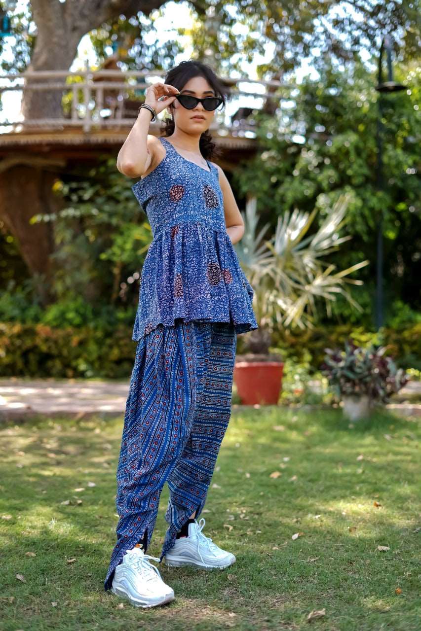 Ajrakh Hand Block-Printed baby-blue Handloom Top and Dhoti Pant SetThe VasilikiAjrakhKurta Setnike