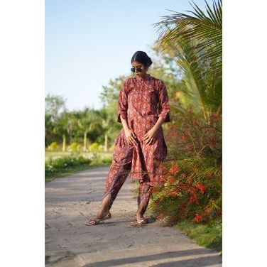 Red Cotton Pants with Hand-block Ajrakh Print