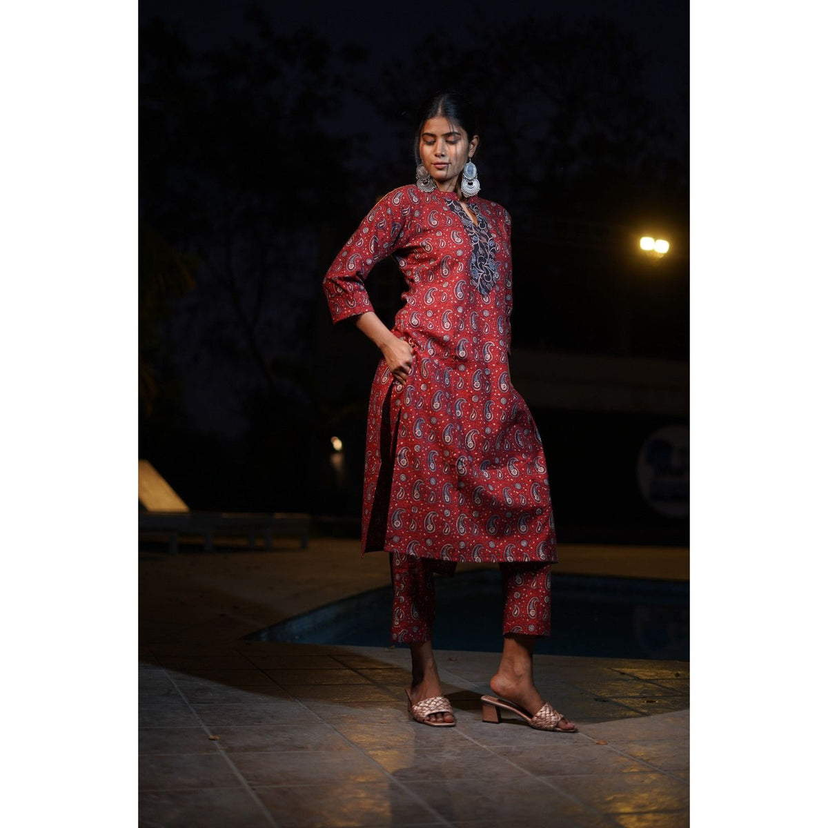 Cotton,straight Ajrakh Hand-Block Print Red Kurti