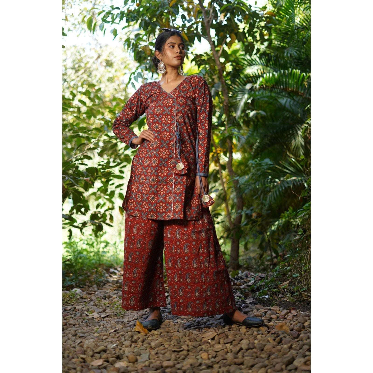 Angrakha style cotton Ajrakh Hand-Block Printed Red Handloom Kurti