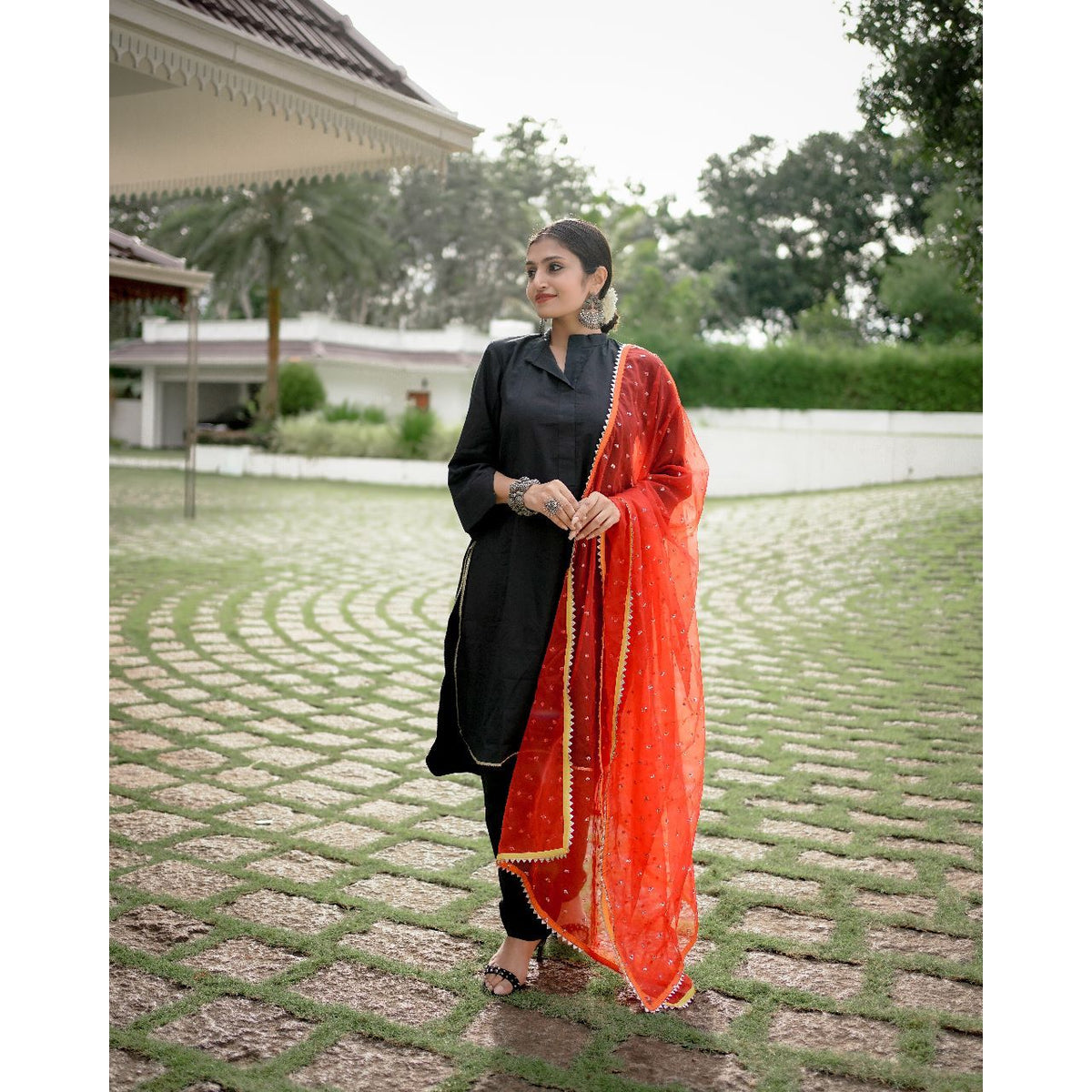 Lasita - Black Cotton Suit Set & Designed Red Dupatta