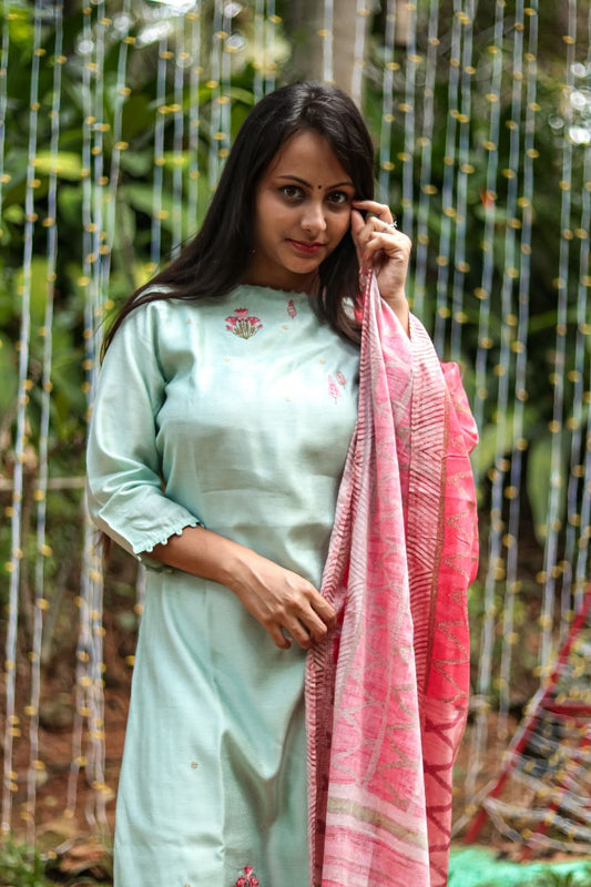 Light Cyan Embroidered Silk Suit Set