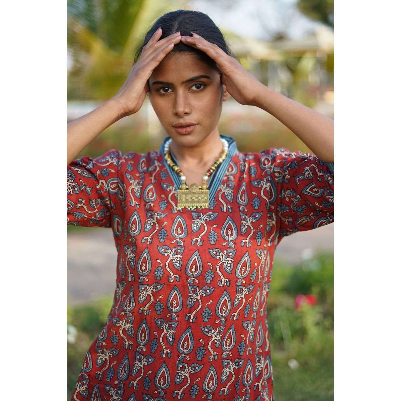 cotton Ajrakh Hand Block Print Handloom Red-Kurti