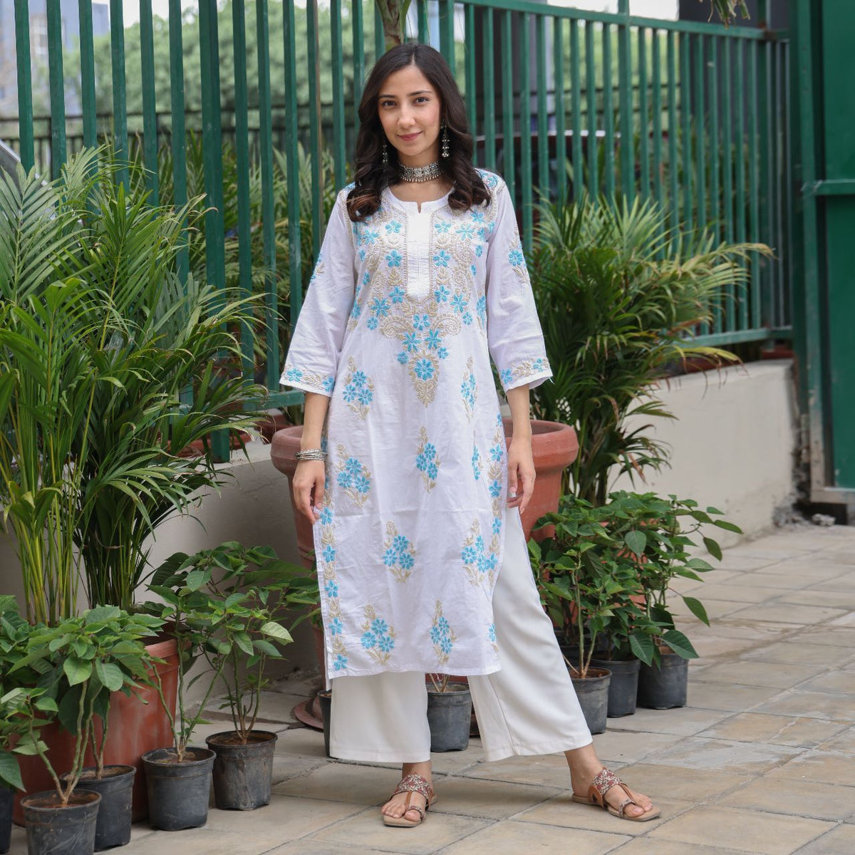 White Cotton Chikankari Kurti With Blue Embroidery