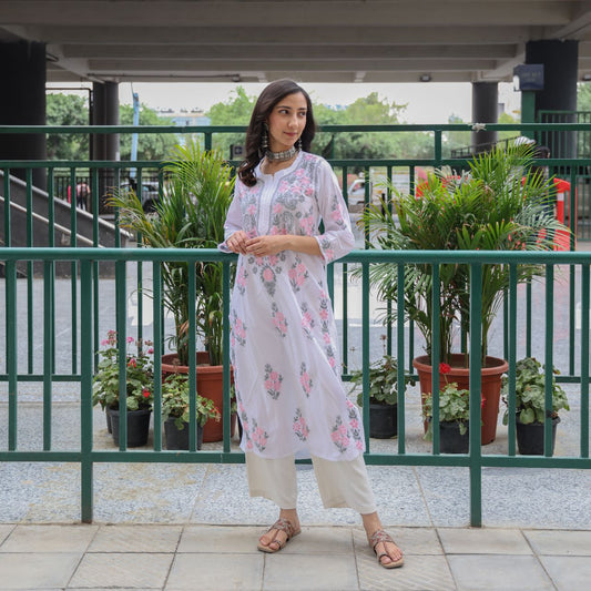 White Cotton Chikankari Kurti With Grey Embroidery