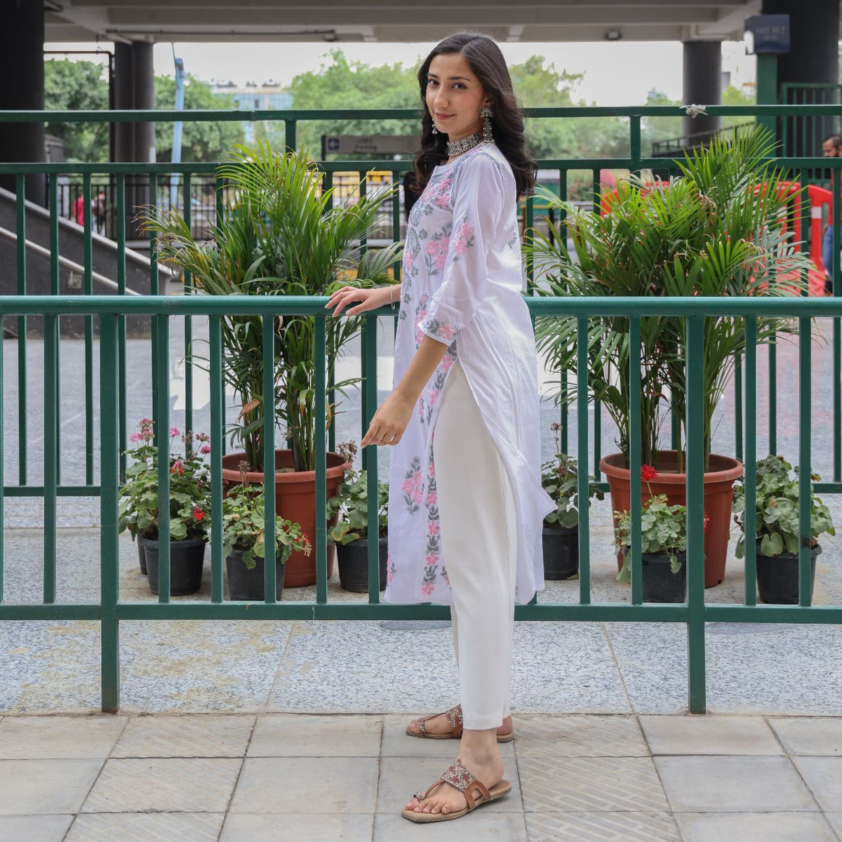 White Cotton Chikankari Kurti With Grey Embroidery