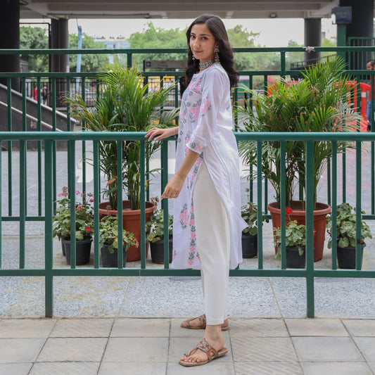 White Cotton Chikankari Kurti With Grey Embroidery