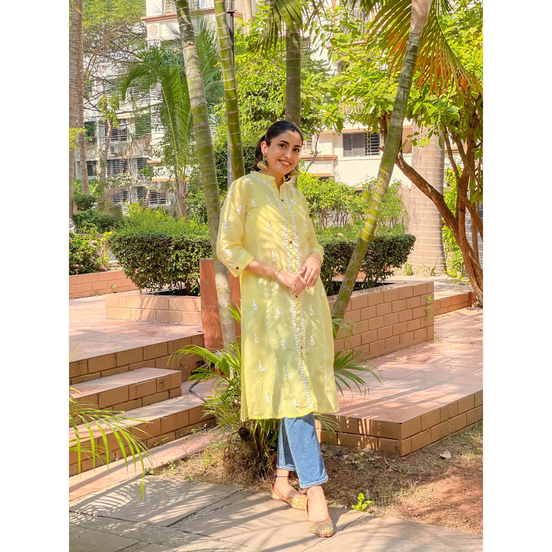 Cotton Chikankari Linen kurti- Yellow